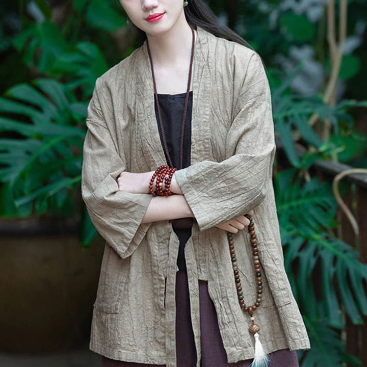 Buddha Stones漢服デザイン七分袖ラミーリネンコートオープンフロントトップジャケット - image 5
