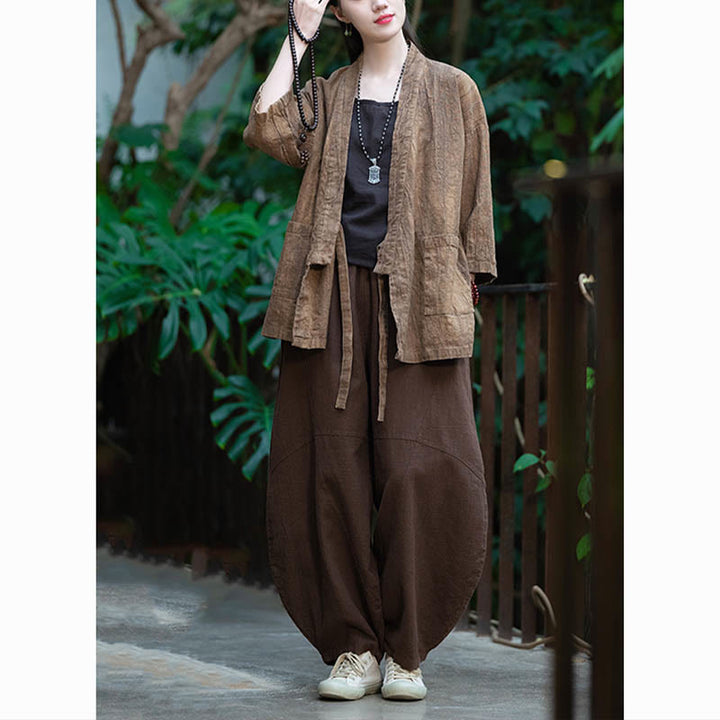 Buddha Stones漢服デザイン七分袖ラミーリネンコートオープンフロントトップジャケット - image 25