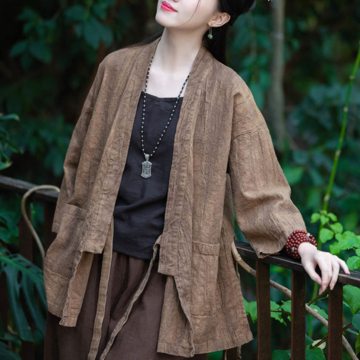 Buddha Stones漢服デザイン七分袖ラミーリネンコートオープンフロントトップジャケット - image 19