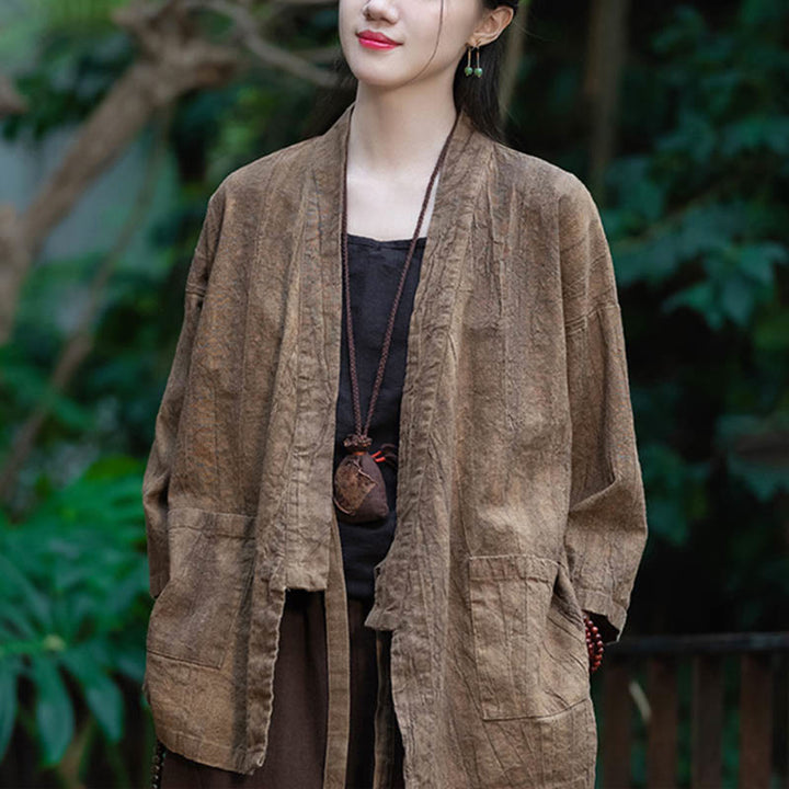 Buddha Stones漢服デザイン七分袖ラミーリネンコートオープンフロントトップジャケット - image 17