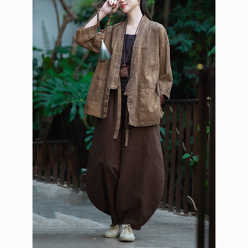 Buddha Stones漢服デザイン七分袖ラミーリネンコートオープンフロントトップジャケット - image 23