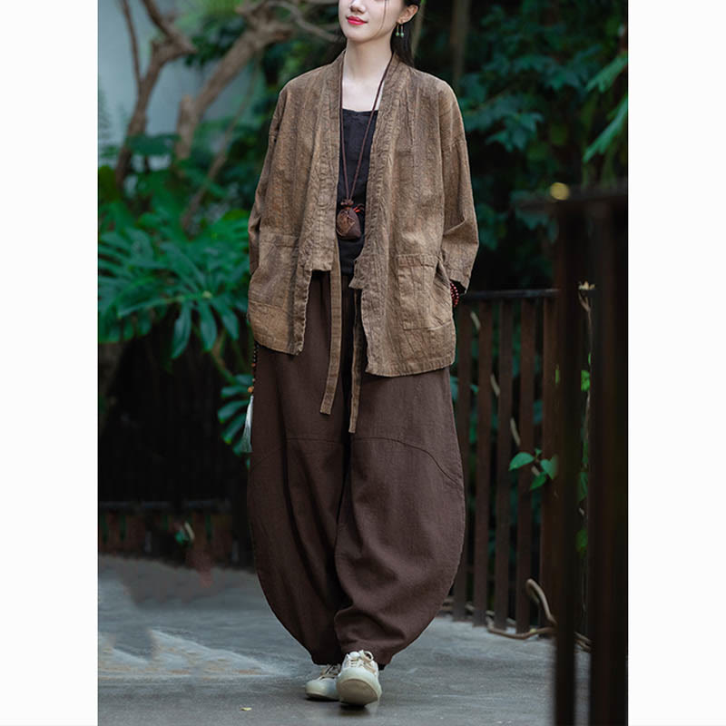Buddha Stones漢服デザイン七分袖ラミーリネンコートオープンフロントトップジャケット - image 24
