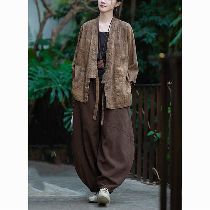 Buddha Stones漢服デザイン七分袖ラミーリネンコートオープンフロントトップジャケット - image 24