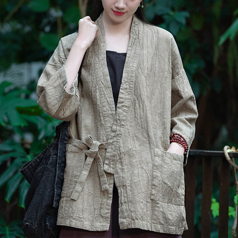 Buddha Stones漢服デザイン七分袖ラミーリネンコートオープンフロントトップジャケット - image 8