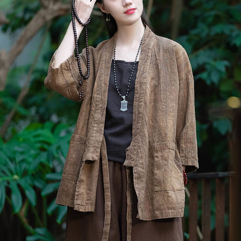 Buddha Stones漢服デザイン七分袖ラミーリネンコートオープンフロントトップジャケット - image 14