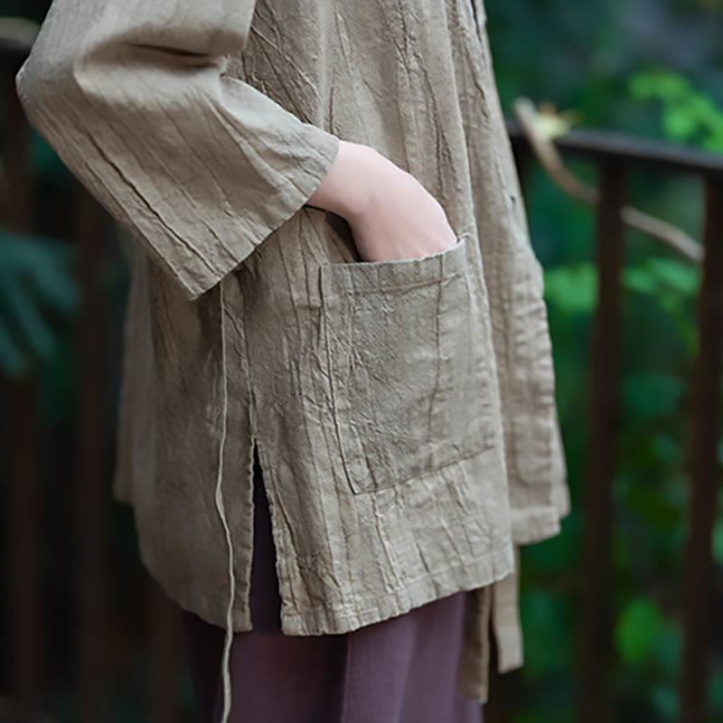 Buddha Stones漢服デザイン七分袖ラミーリネンコートオープンフロントトップジャケット - image 11