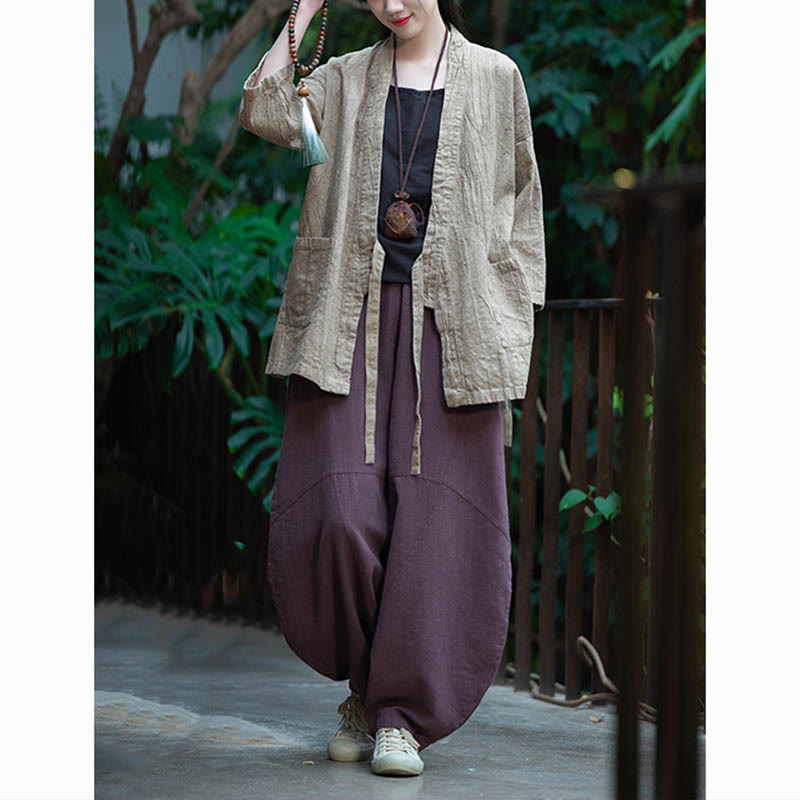 Buddha Stones漢服デザイン七分袖ラミーリネンコートオープンフロントトップジャケット - image 10