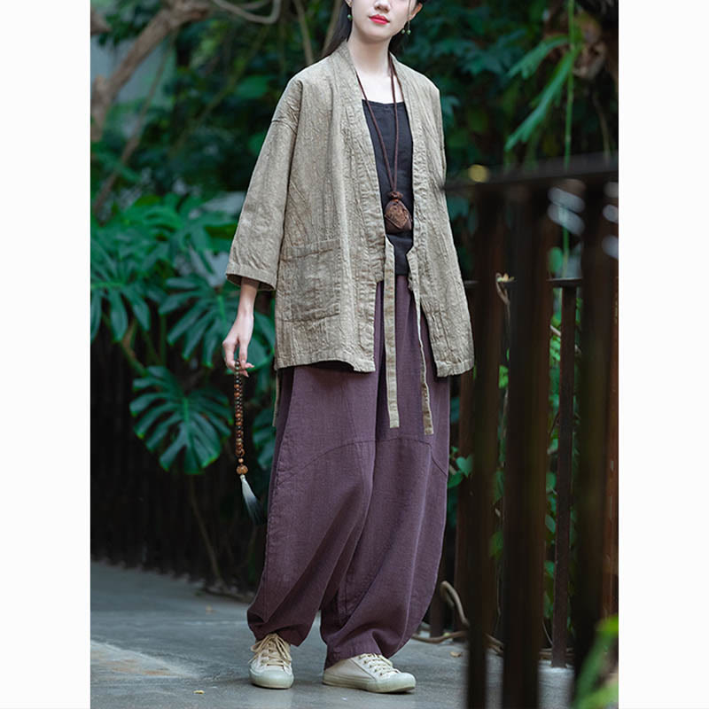Buddha Stones漢服デザイン七分袖ラミーリネンコートオープンフロントトップジャケット - image 9