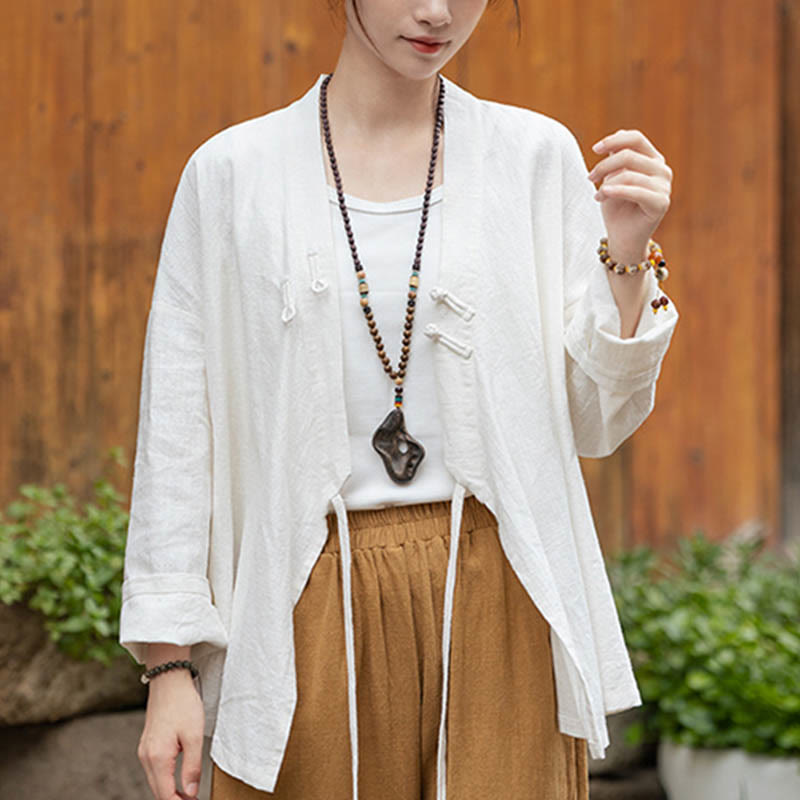 Buddha Stonesカエルボタン漢服デザインシャツトップスラミーリネンジャケット - ホワイト(バスト126cm)(トップスのみ) - image 6
