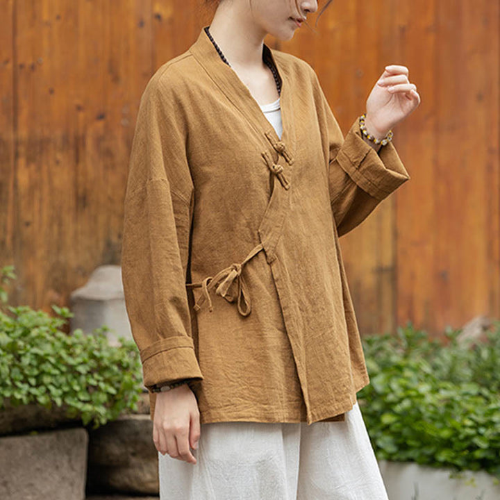 Buddha Stonesカエルボタン漢服デザインシャツトップスラミーリネンジャケット - image 2