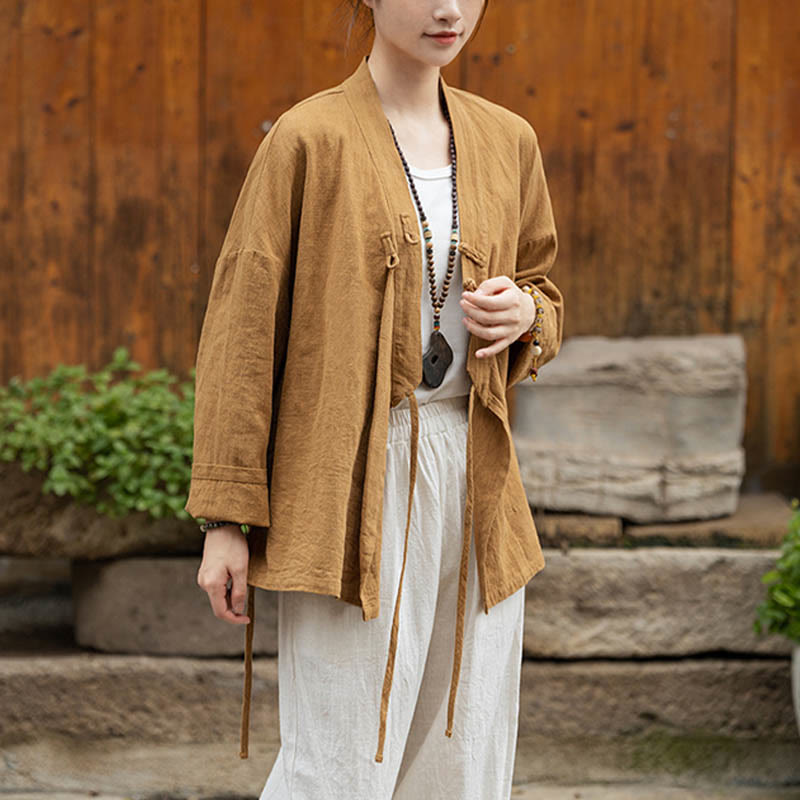 Buddha Stonesカエルボタン漢服デザインシャツトップスラミーリネンジャケット - image 1
