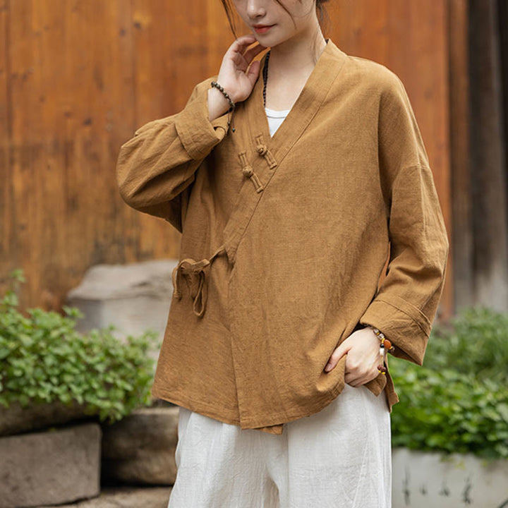 Buddha Stonesカエルボタン漢服デザインシャツトップスラミーリネンジャケット - イエロー(バスト126cm)(トップスのみ) - image 0