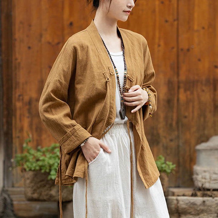 Buddha Stonesカエルボタン漢服デザインシャツトップスラミーリネンジャケット - image 3