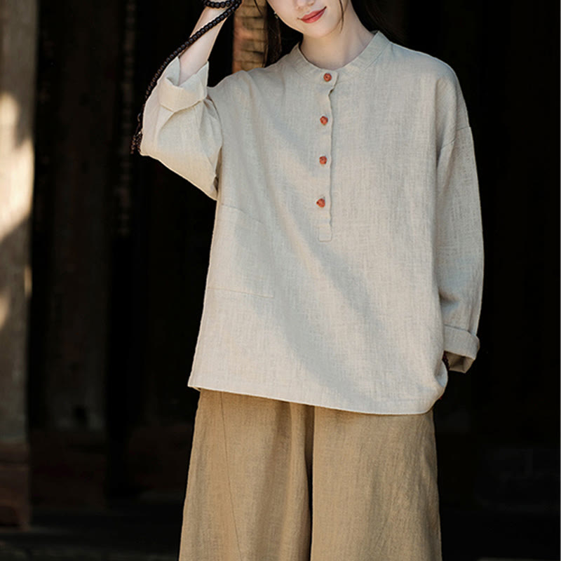 Buddha Stones無地 ルーズボタンブラウス 長袖シャツ トップス - ベージュ(バスト126cm)(トップスのみ) - image 12
