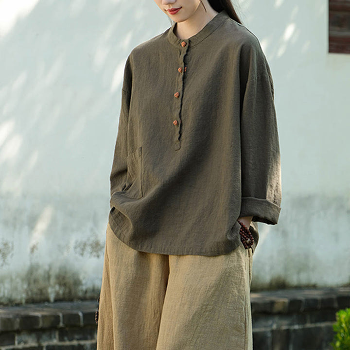 Buddha Stones無地 ルーズボタンブラウス 長袖シャツ トップス - グリーン(バスト126cm)(トップスのみ) - image 21
