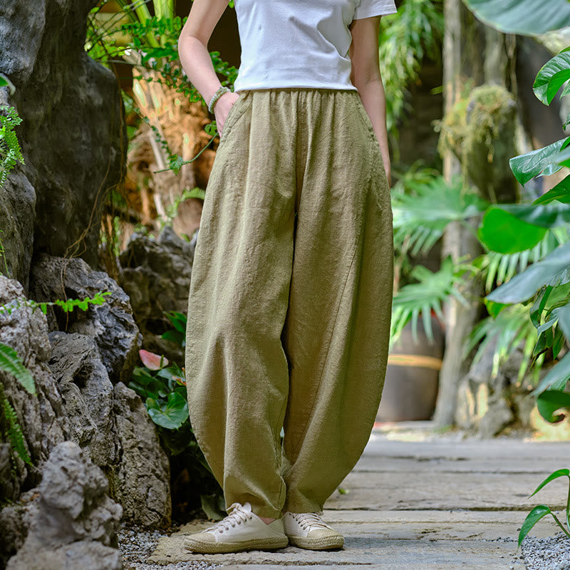 Buddha Stones無地 ゆったり ヨガ ハーレムパンツ ポケット付き - カーキ、 US2-8/10、 UK/AU6-12/14、 EU34-40/42 (F) - image 0