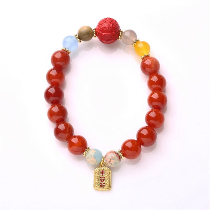 Buddha Stones天然赤瑪瑙 平和のお守り 福の字 龍の尾 自信のチャームブレスレット