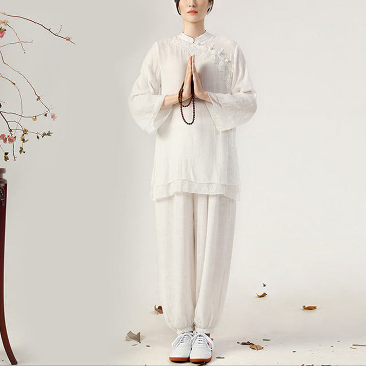 Buddha Stones 2点セット 長袖 カエルボタン 瞑想 祈り 禅 練習 太極拳 ユニフォーム 衣類 レディース セット
