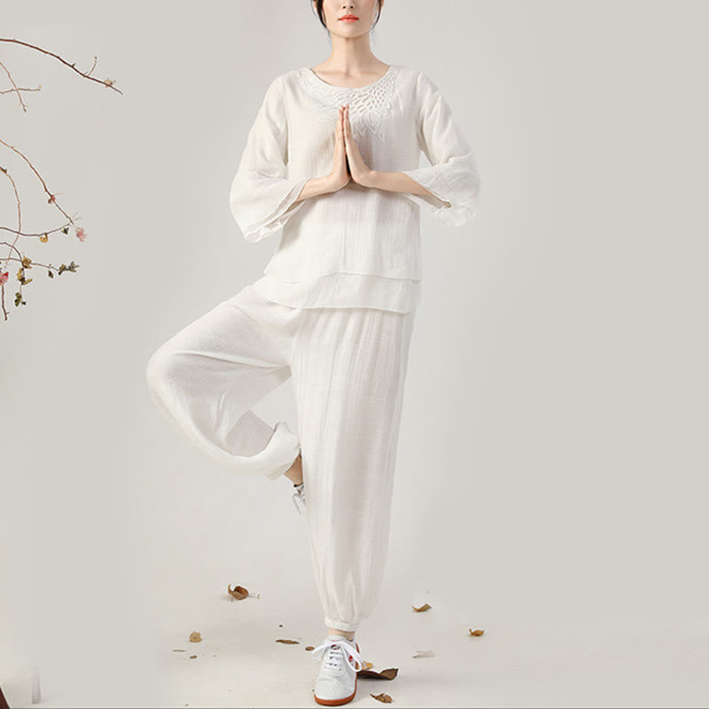 Buddha Stones 2点セット 長袖 カエルボタン 瞑想 祈り 禅 練習 太極拳 ユニフォーム 衣類 レディース セット