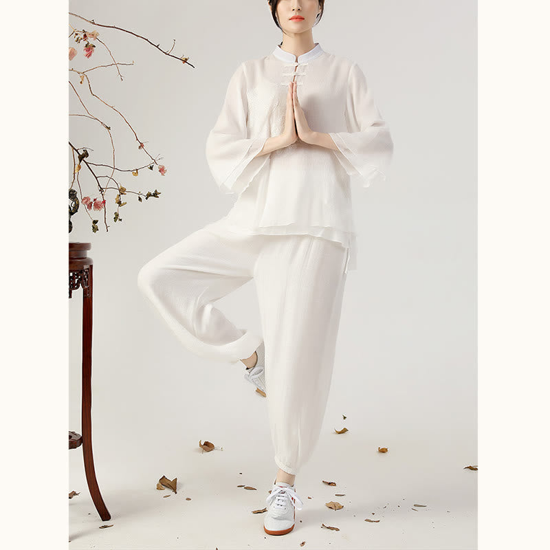 Buddha Stones 2点セット 長袖 カエルボタン 瞑想 祈り 禅 練習 太極拳 ユニフォーム 衣類 レディース セット