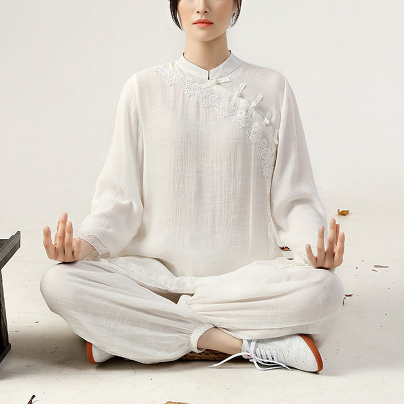 Buddha Stones 2点セット 長袖 カエルボタン 瞑想 祈り 禅 練習 太極拳 ユニフォーム 衣類 レディース セット