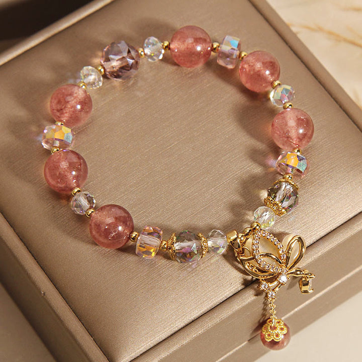 Buddha Stones天然ストロベリークォーツ ヒーリング ポジティブ バタフライ チャームブレスレット