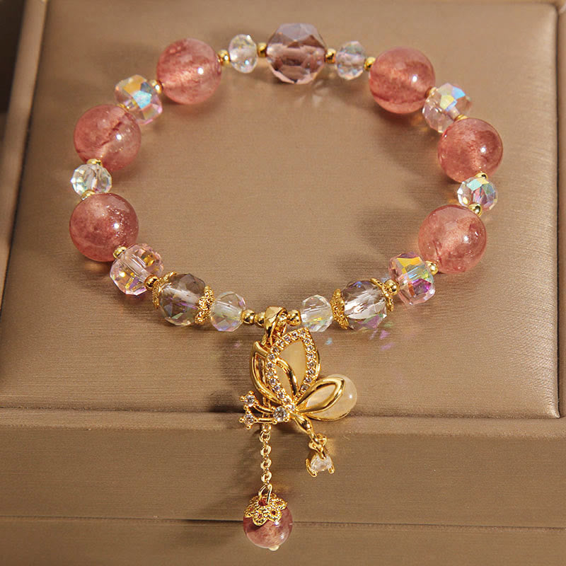 Buddha Stones天然ストロベリークォーツ ヒーリング ポジティブ バタフライ チャームブレスレット