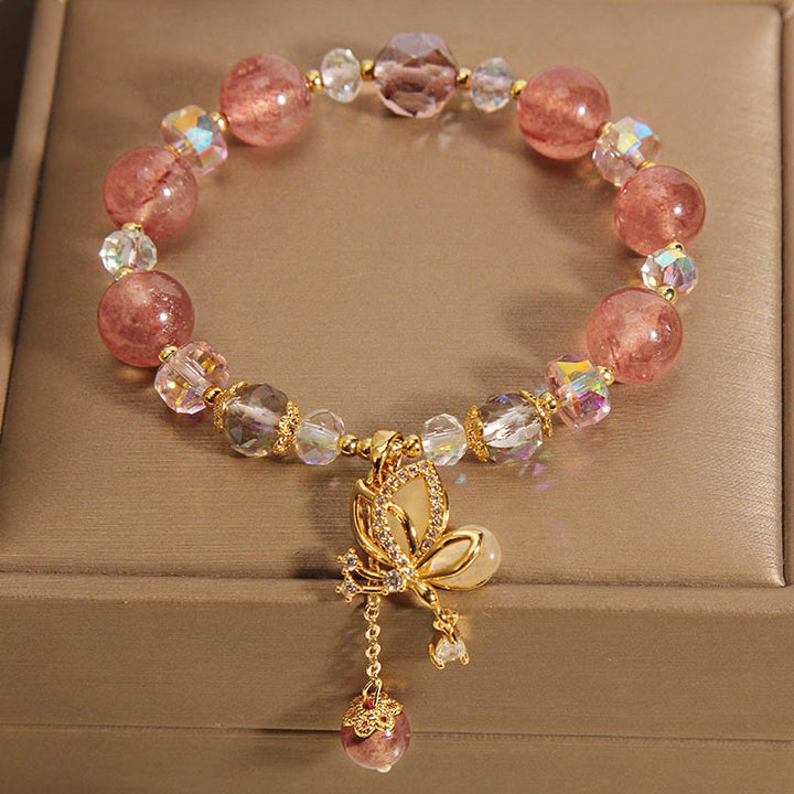 Buddha Stones天然ストロベリークォーツ ヒーリング ポジティブ バタフライ チャームブレスレット