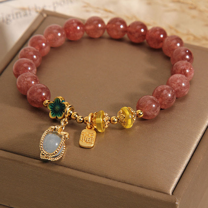 Buddha Stones天然ストロベリークォーツクリスタル アクアマリン フォーチュンブランド ラブブレスレット