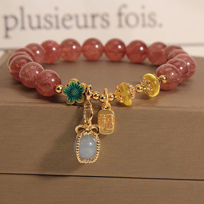 Buddha Stones天然ストロベリークォーツクリスタル アクアマリン フォーチュンブランド ラブブレスレット