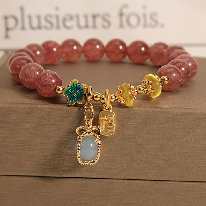 Buddha Stones天然ストロベリークォーツクリスタル アクアマリン フォーチュンブランド ラブブレスレット