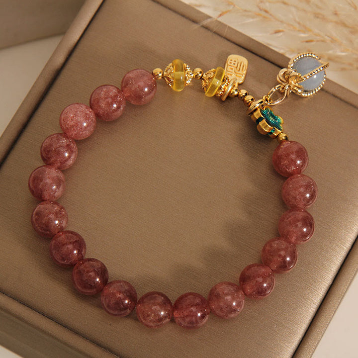 Buddha Stones天然ストロベリークォーツクリスタル アクアマリン フォーチュンブランド ラブブレスレット