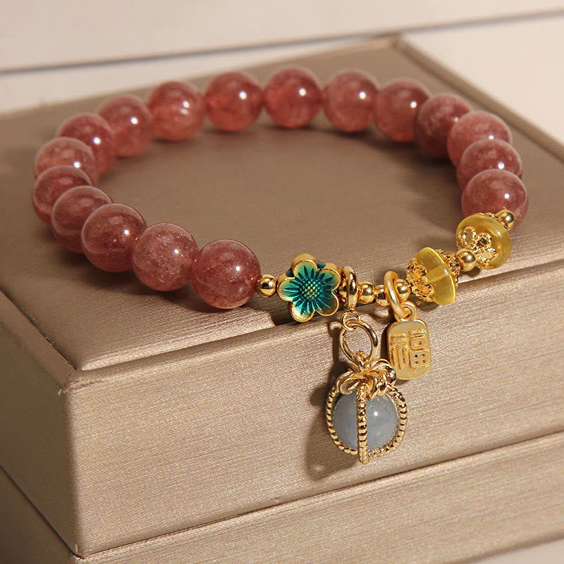 Buddha Stones天然ストロベリークォーツクリスタル アクアマリン フォーチュンブランド ラブブレスレット