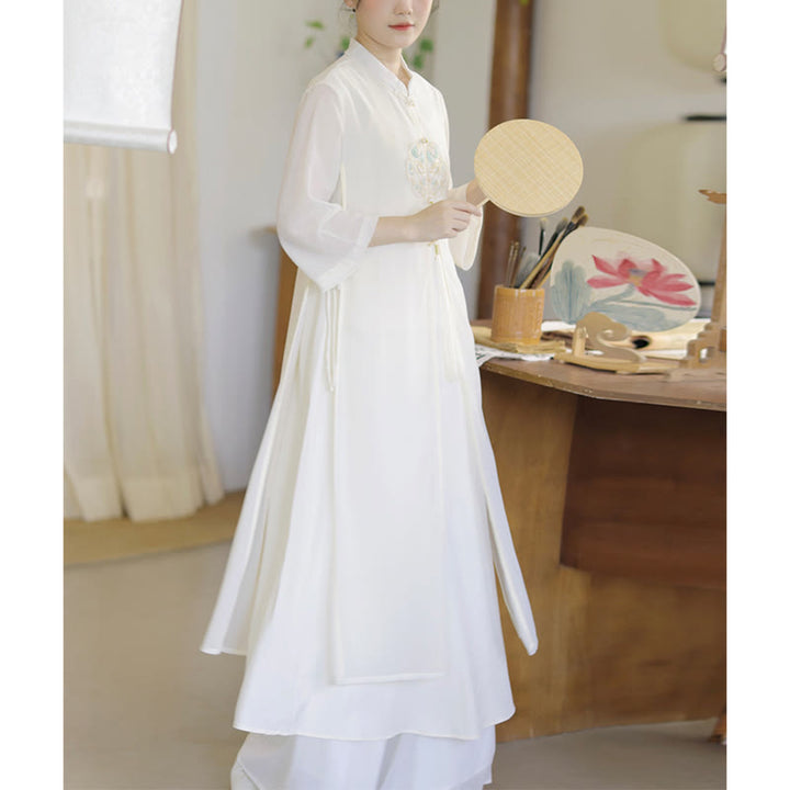 Buddha Stones刺繍シフォンチャイナドレス ミディ丈 ワイドレッグパンツ 瞑想 禅 練習着 - ドレスのみ - US8-10，UK/AU12-14，EU40-42 (2XL) - image 0