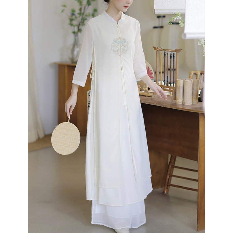 Buddha Stones刺繍シフォンチャイナドレス ミディ丈 ワイドレッグパンツ 瞑想 禅 練習着 - image 10