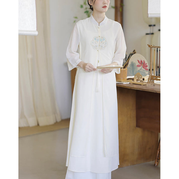 Buddha Stones刺繍シフォンチャイナドレス ミディ丈 ワイドレッグパンツ 瞑想 禅 練習着 - image 11