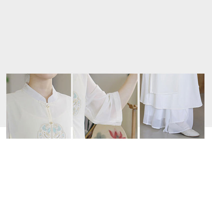 Buddha Stones刺繍シフォンチャイナドレス ミディ丈 ワイドレッグパンツ 瞑想 禅 練習着 - image 15