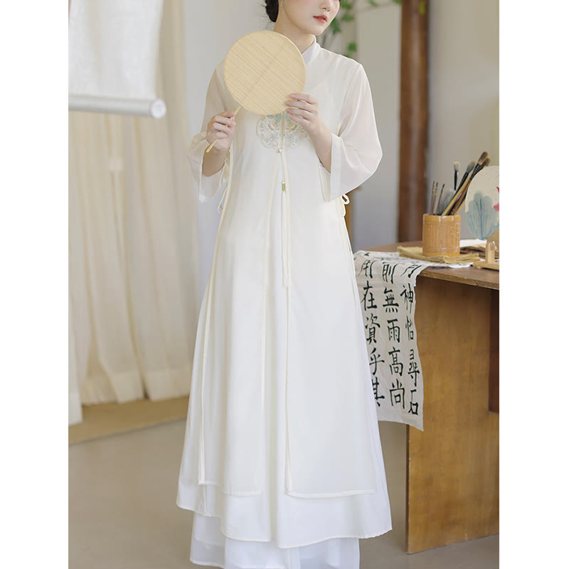 Buddha Stones刺繍シフォンチャイナドレス ミディ丈 ワイドレッグパンツ 瞑想 禅 練習着 - image 9