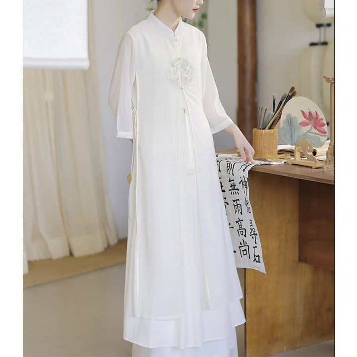 Buddha Stones刺繍シフォンチャイナドレス ミディ丈 ワイドレッグパンツ 瞑想 禅 練習着 - image 8