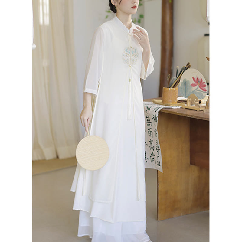 Buddha Stones刺繍シフォンチャイナドレス ミディ丈 ワイドレッグパンツ 瞑想 禅 練習着 - image 12