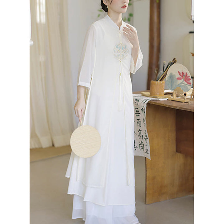 Buddha Stones刺繍シフォンチャイナドレス ミディ丈 ワイドレッグパンツ 瞑想 禅 練習着 - image 12