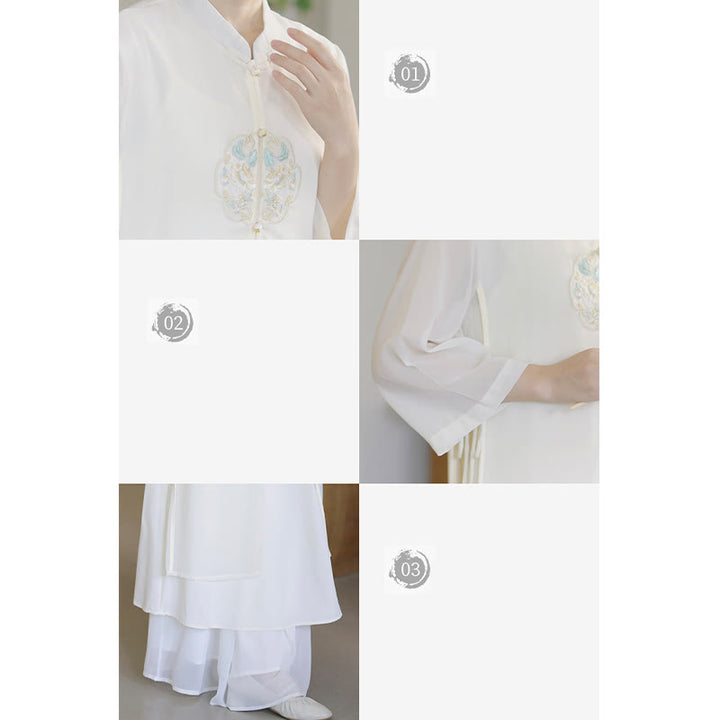 Buddha Stones刺繍シフォンチャイナドレス ミディ丈 ワイドレッグパンツ 瞑想 禅 練習着 - image 14