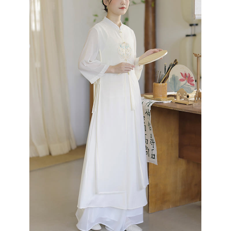 Buddha Stones刺繍シフォンチャイナドレス ミディ丈 ワイドレッグパンツ 瞑想 禅 練習着 - image 13