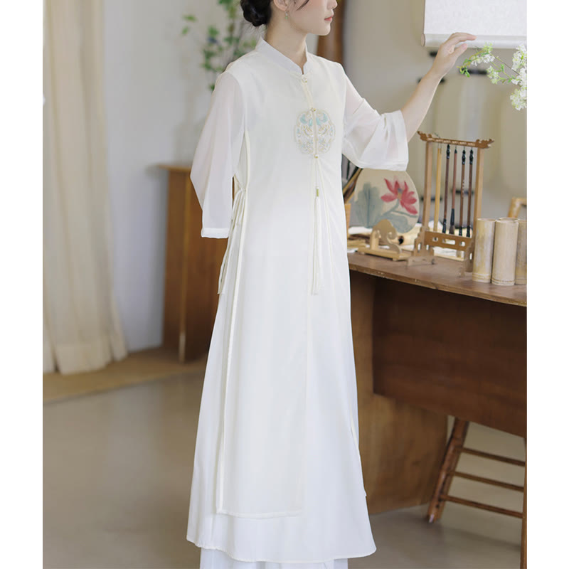 Buddha Stones刺繍シフォンチャイナドレス ミディ丈 ワイドレッグパンツ 瞑想 禅 練習着 - image 6