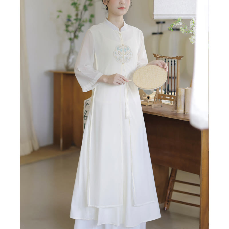 Buddha Stones刺繍シフォンチャイナドレス ミディ丈 ワイドレッグパンツ 瞑想 禅 練習着 - image 1