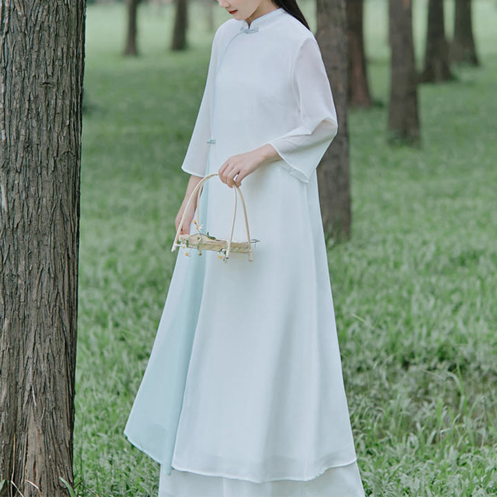 Buddha Stones七分袖シフォンチャイナドレス ミディ丈 ワイドレッグパンツ 瞑想 禅 練習着 - image 1