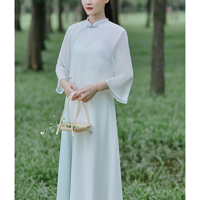 Buddha Stones七分袖シフォンチャイナドレス ミディ丈 ワイドレッグパンツ 瞑想 禅 練習着