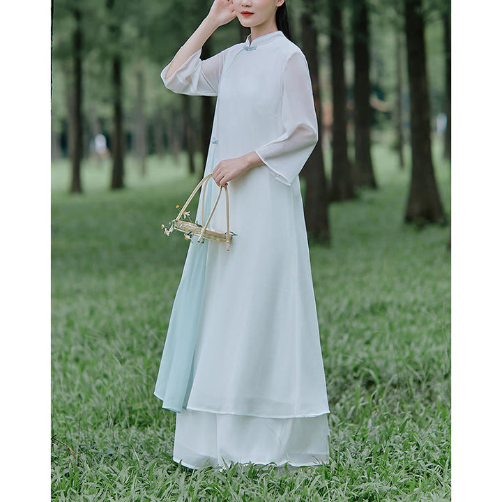 Buddha Stones七分袖シフォンチャイナドレス ミディ丈 ワイドレッグパンツ 瞑想 禅 練習着