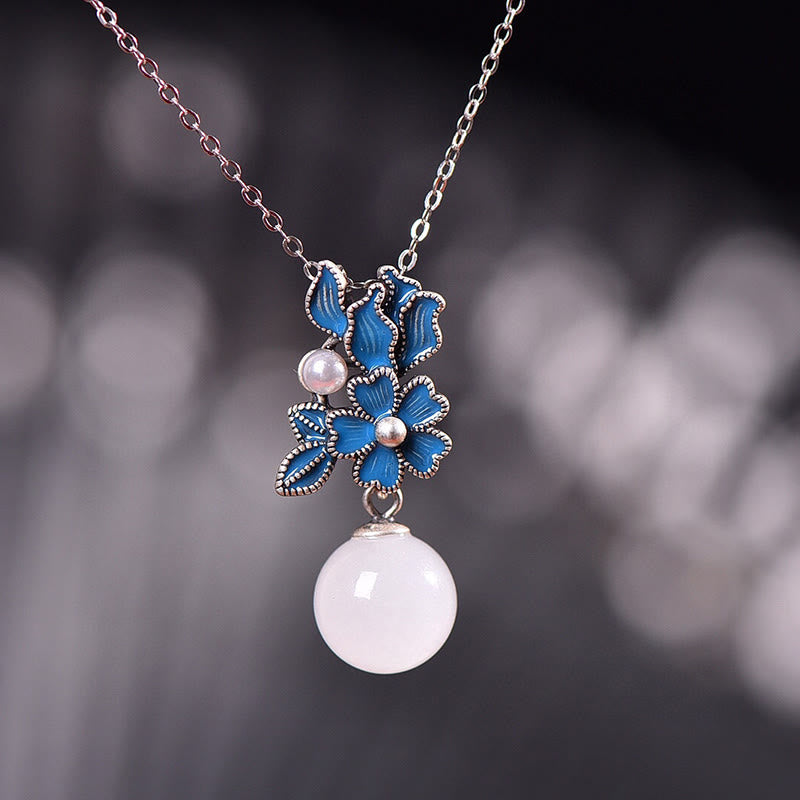 Buddha Stonesホワイトジェイド 925 スターリングシルバー パールフラワー 祝福ネックレス ペンダント リング イヤリング