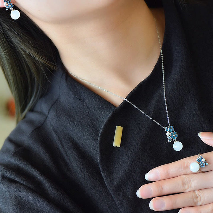 Buddha Stonesホワイトジェイド 925 スターリングシルバー パールフラワー 祝福ネックレス ペンダント リング イヤリング